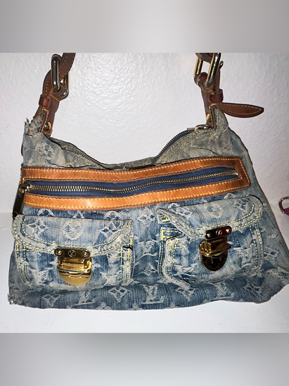 Denim Monogram Shoulder Bag with Leather Trim